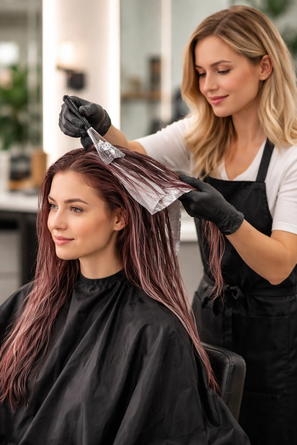 Colorist assessing and lifting hair in a salon setting