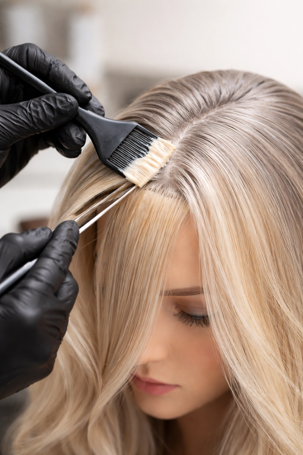 Professional colorist applying color to grey roots on mannequin head