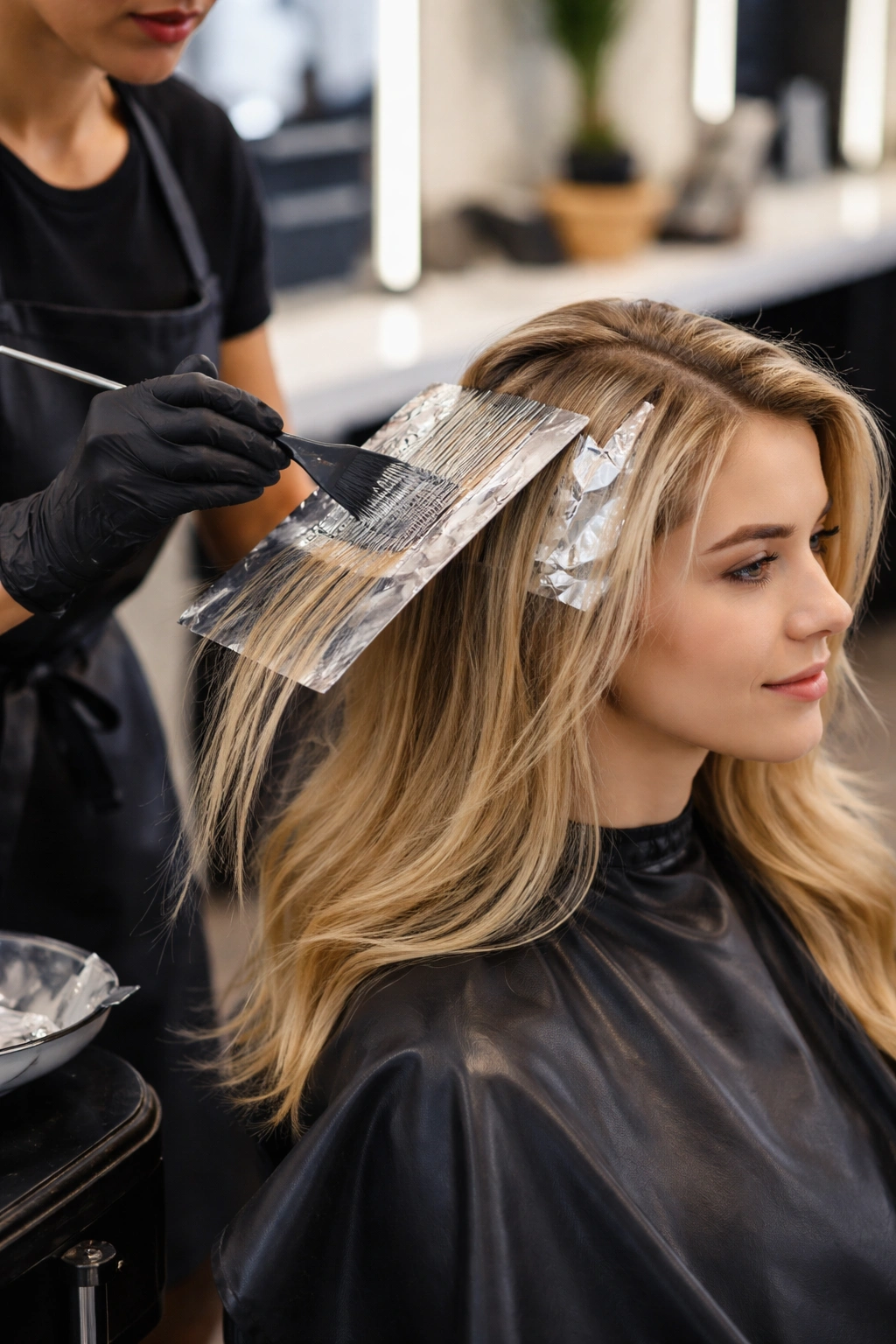 Colorist applying hair color at a salon station
