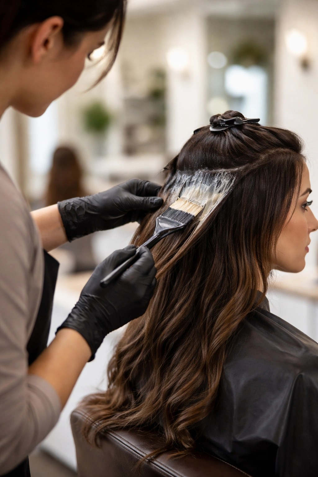 Professional colorist applying hair color in a salon during color consultation