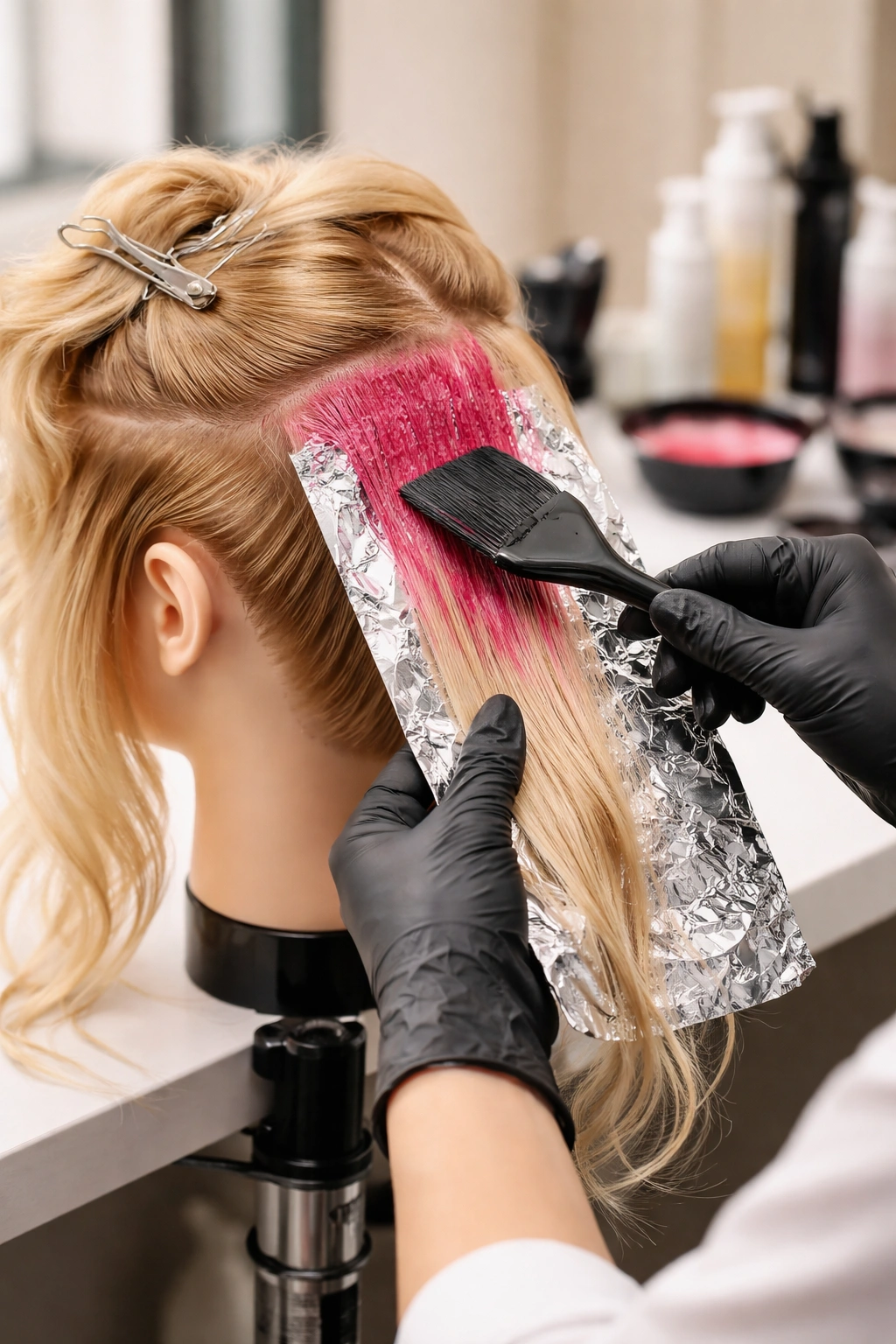 Mannequin head being dyed by a professional with gloved hands at a salon station