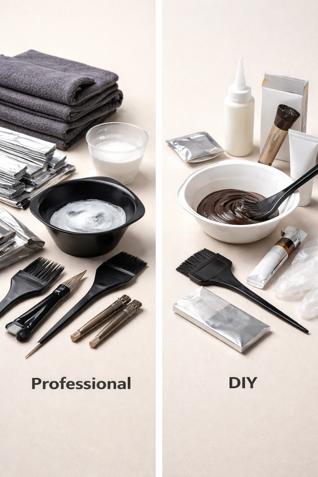 Two hair color setup options: professional color kit vs at-home DIY kit
