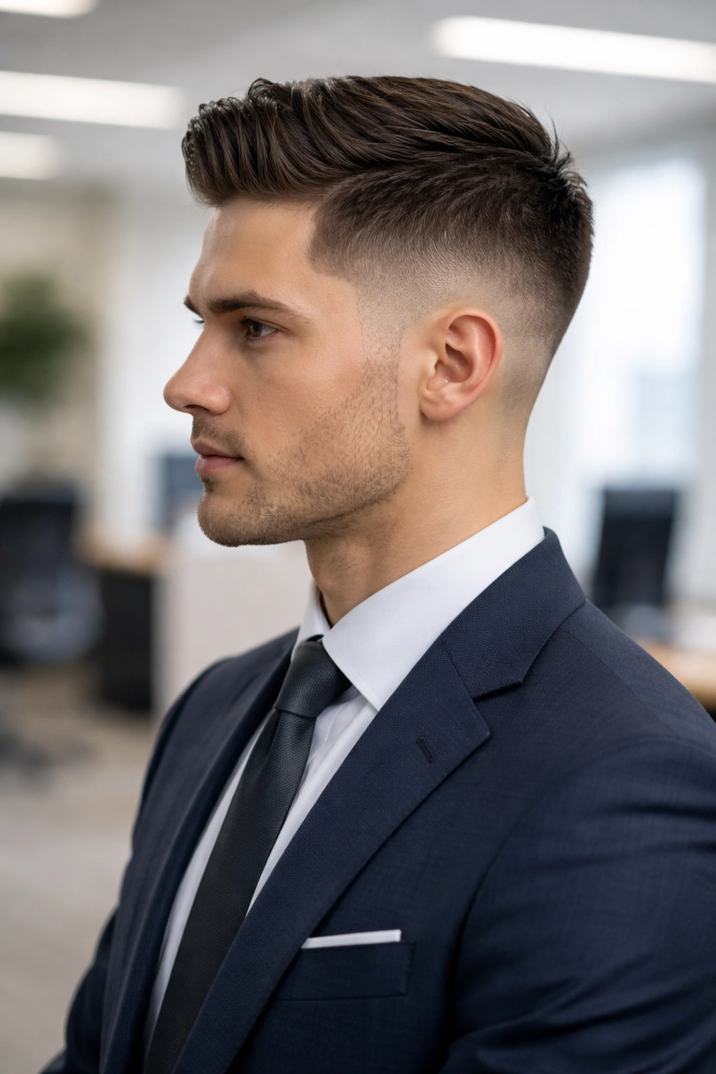 Profile view of a person with a sharp professional fade