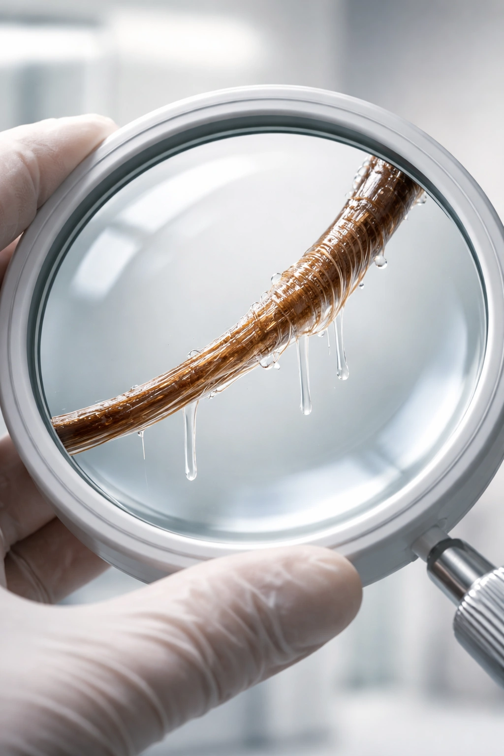 Hair strand under a clinical magnifier with a plain background
