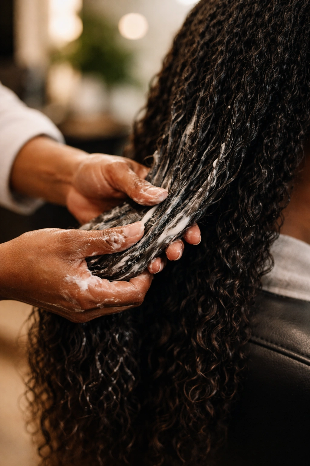 Professionally applied treatment on long natural hair by a stylist