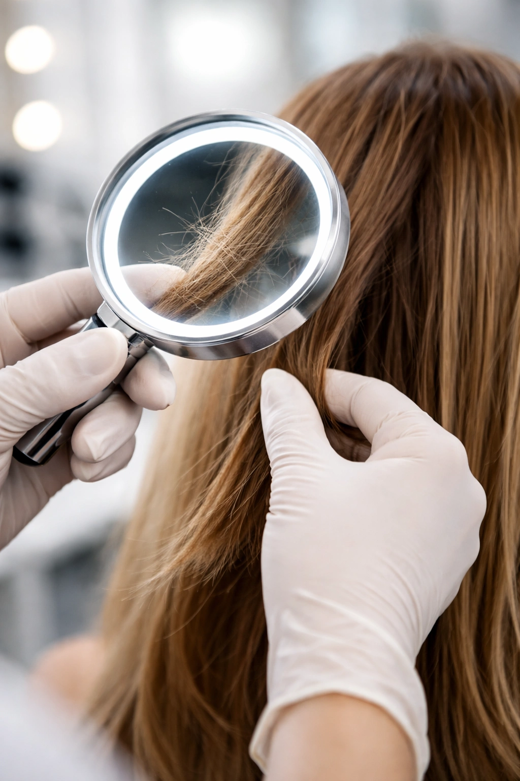 Close-up of a hair care professional examining a strand with a magnifier