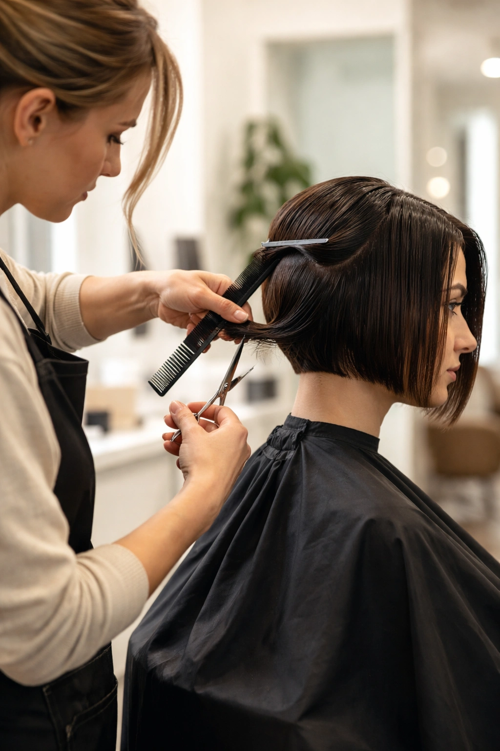 Professional stylist performing precision cut with careful sectioning