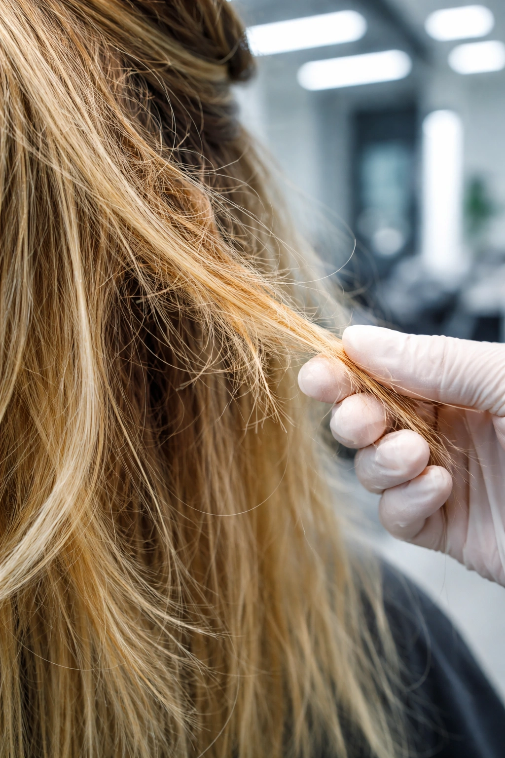 Damaged hair close-up with a salon professional examining a strand under bright light.
