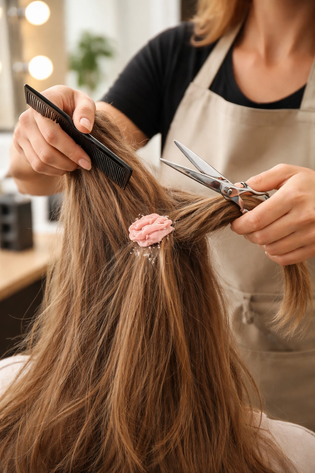 Hairstylist working on tangled hair in a salon