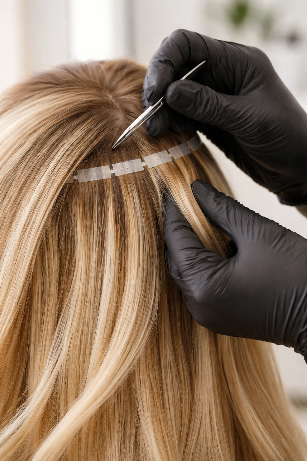 Close-up of professional maintenance on tape-in extensions showing bond area inspection