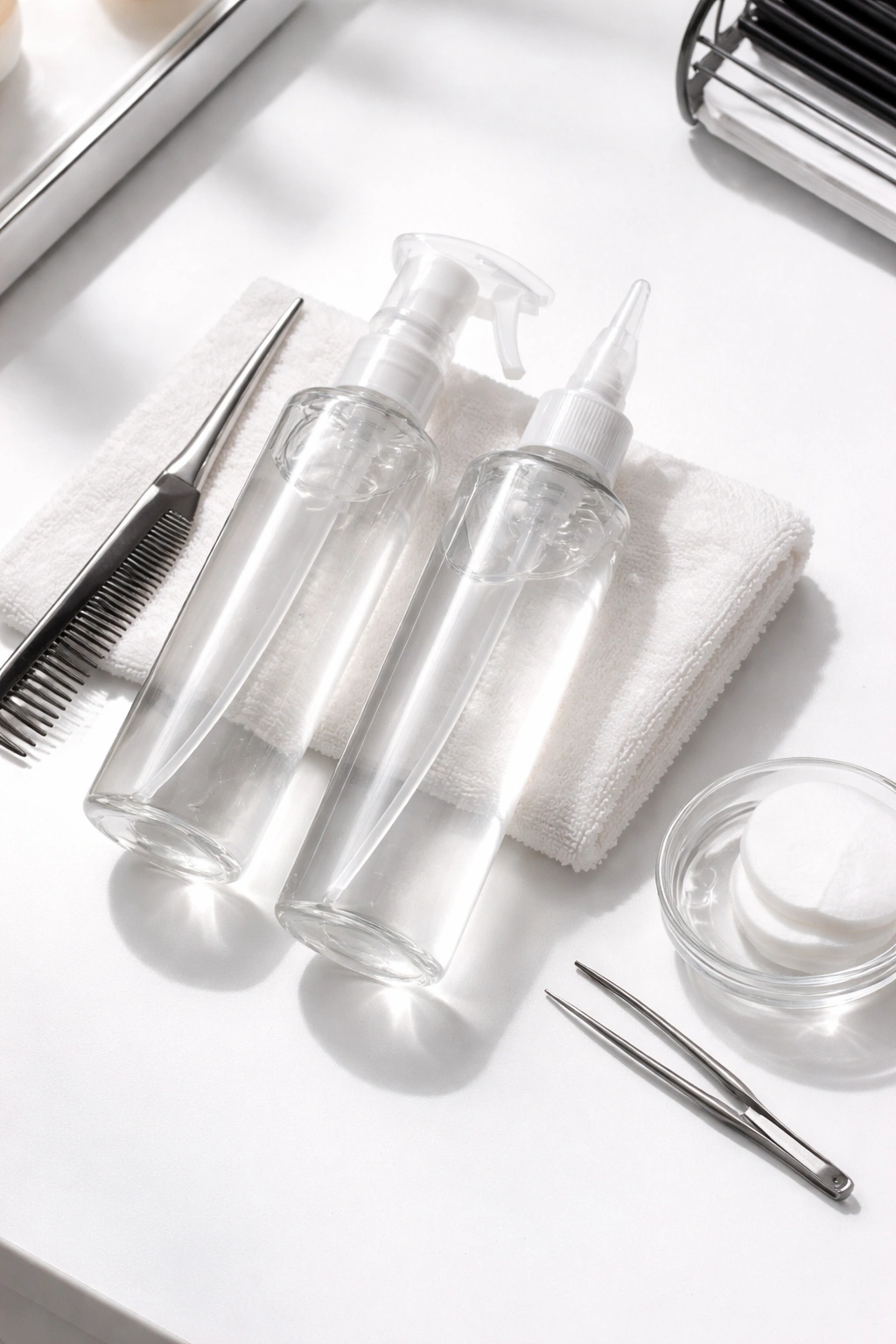 Studio shot of silicone-based hair extension remover bottles and removal tool