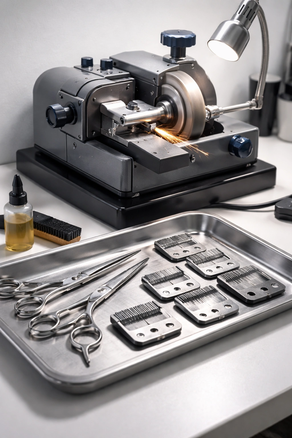 Close-up of professional sharpening machine with blades on a workbench
