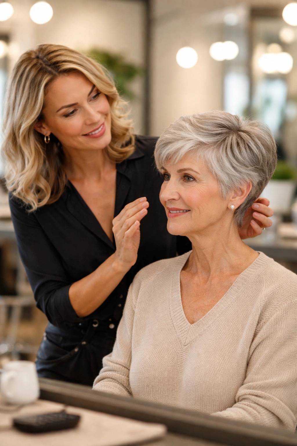 Stylist giving professional styling advice to a mature client in a salon