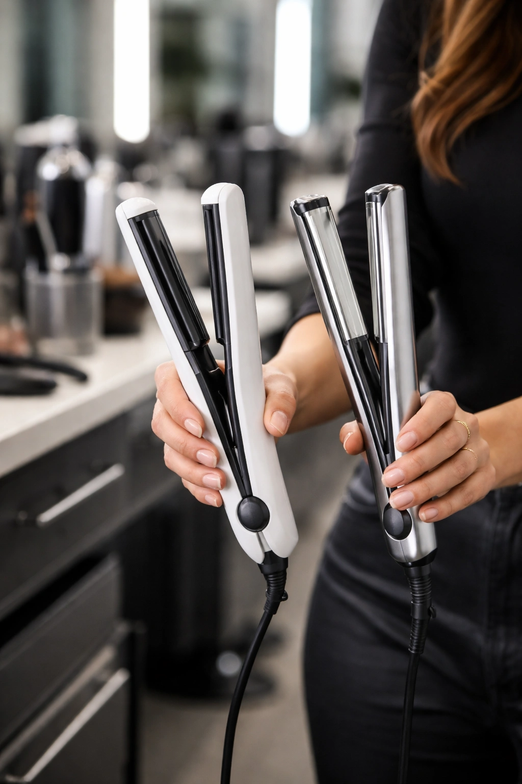 Professional stylist hand holding flat iron in a salon