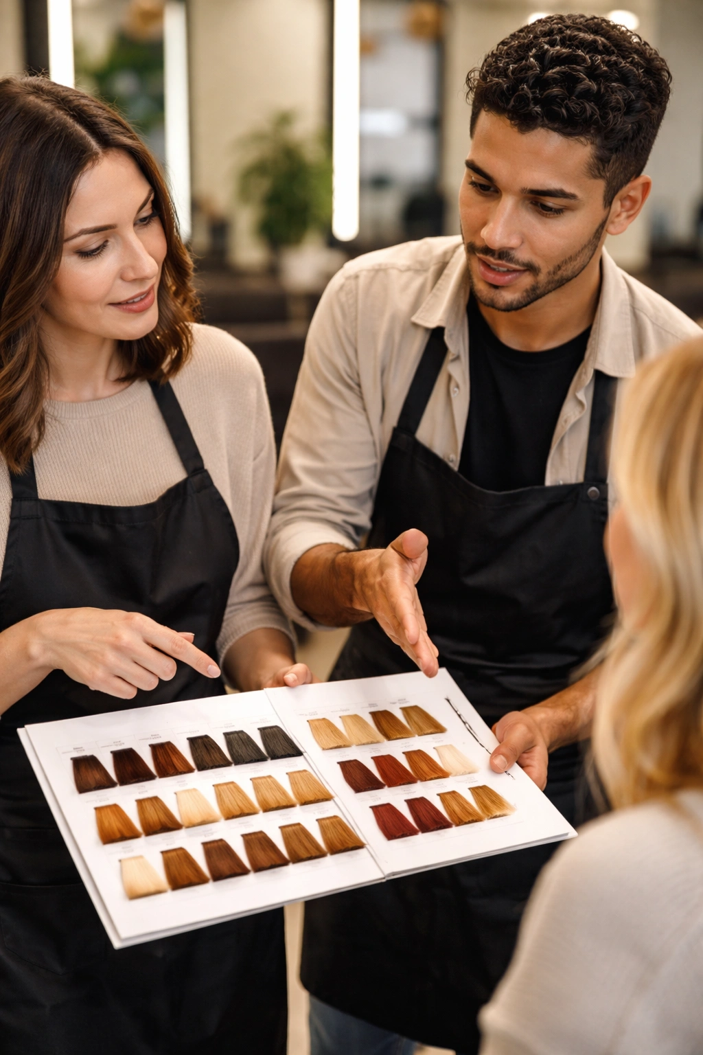 Silhouettes of professional hair colorists in a salon discussing recommendations.