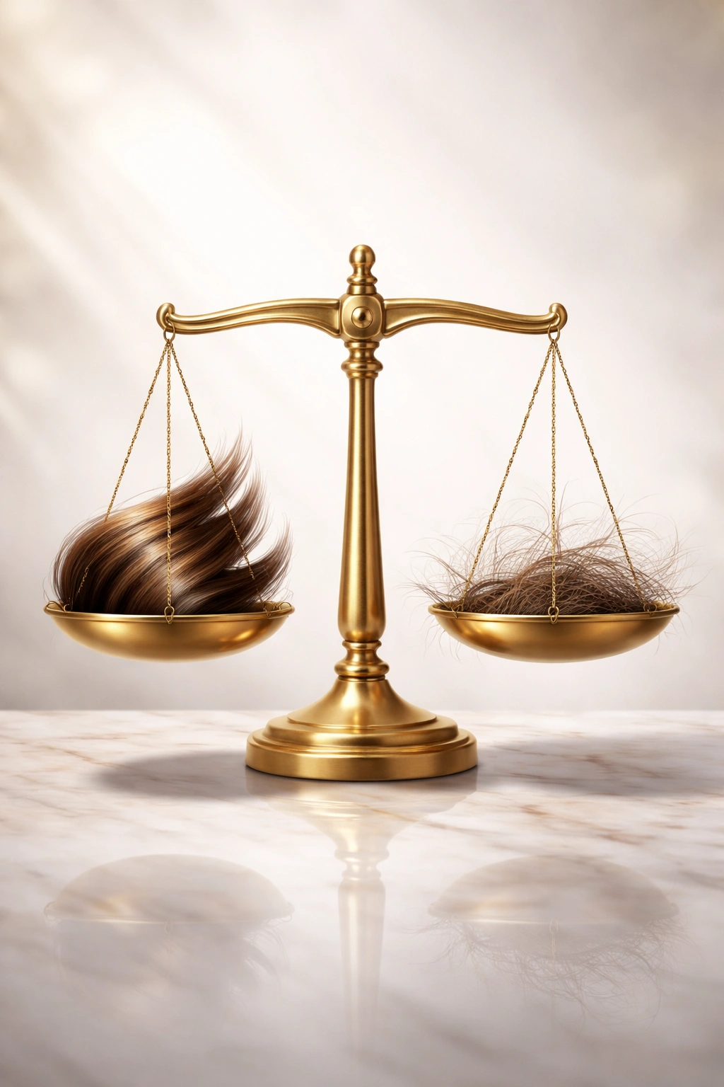 Abstract balance with hair strands on both sides representing progesterone's dual nature.