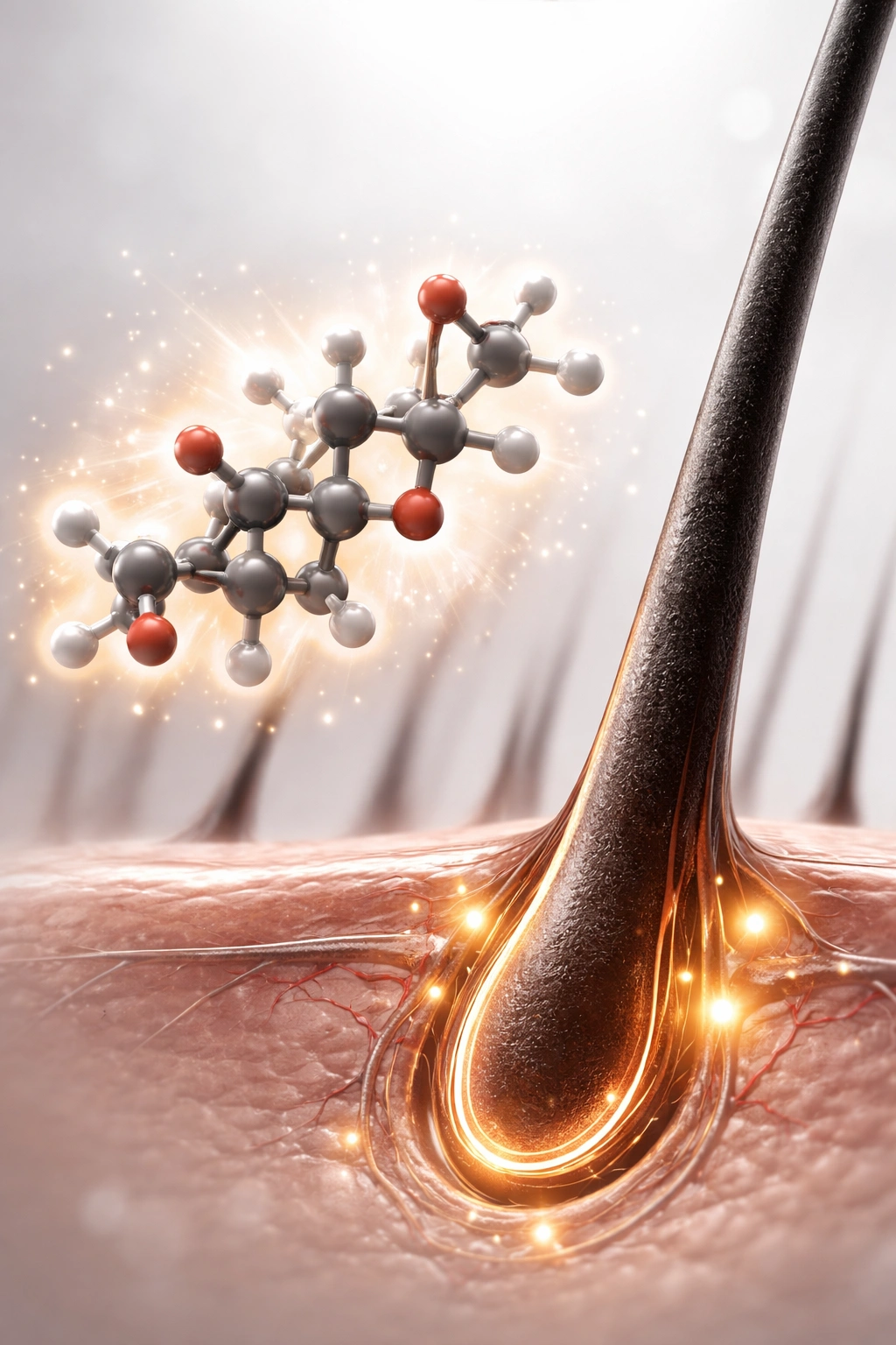 Progesterone molecule beside a hair follicle silhouette