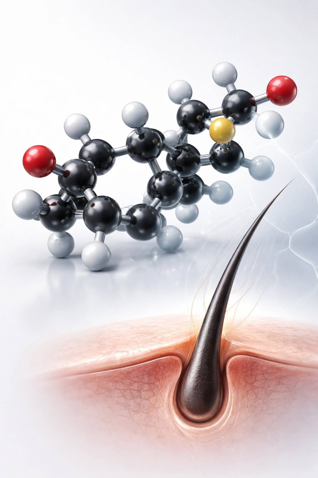 Progesterone molecule with thinning hair strand near follicle silhouette