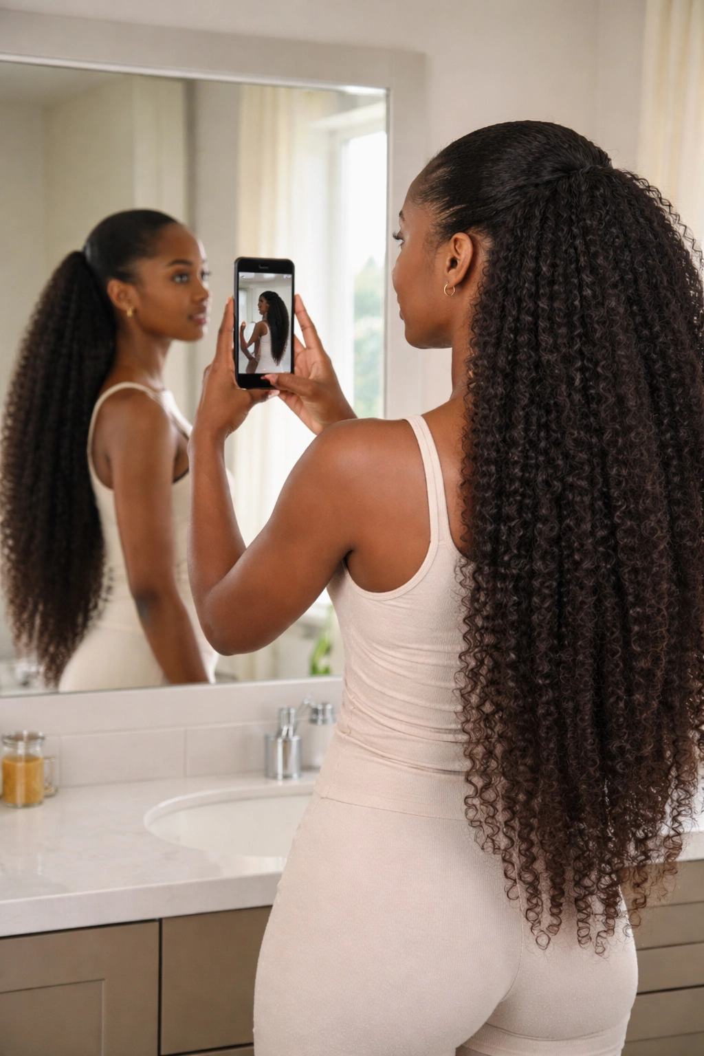 Person taking a photo of their long natural hair to track progress