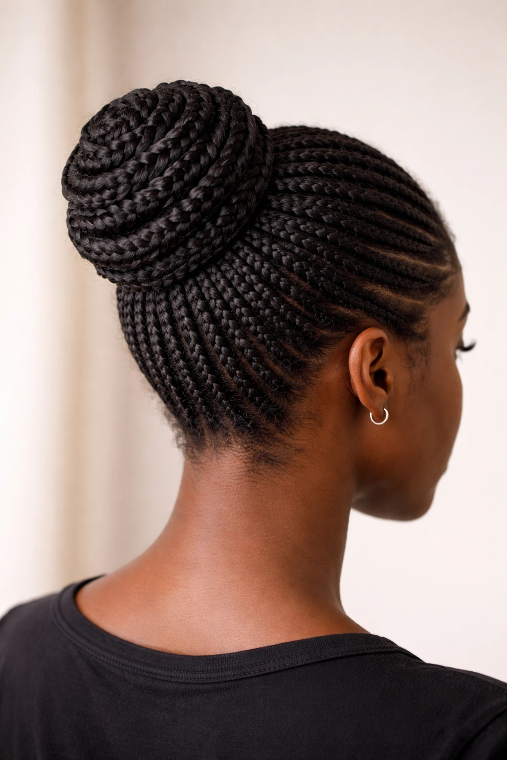 Three-quarter view of a head with a protective braided bun