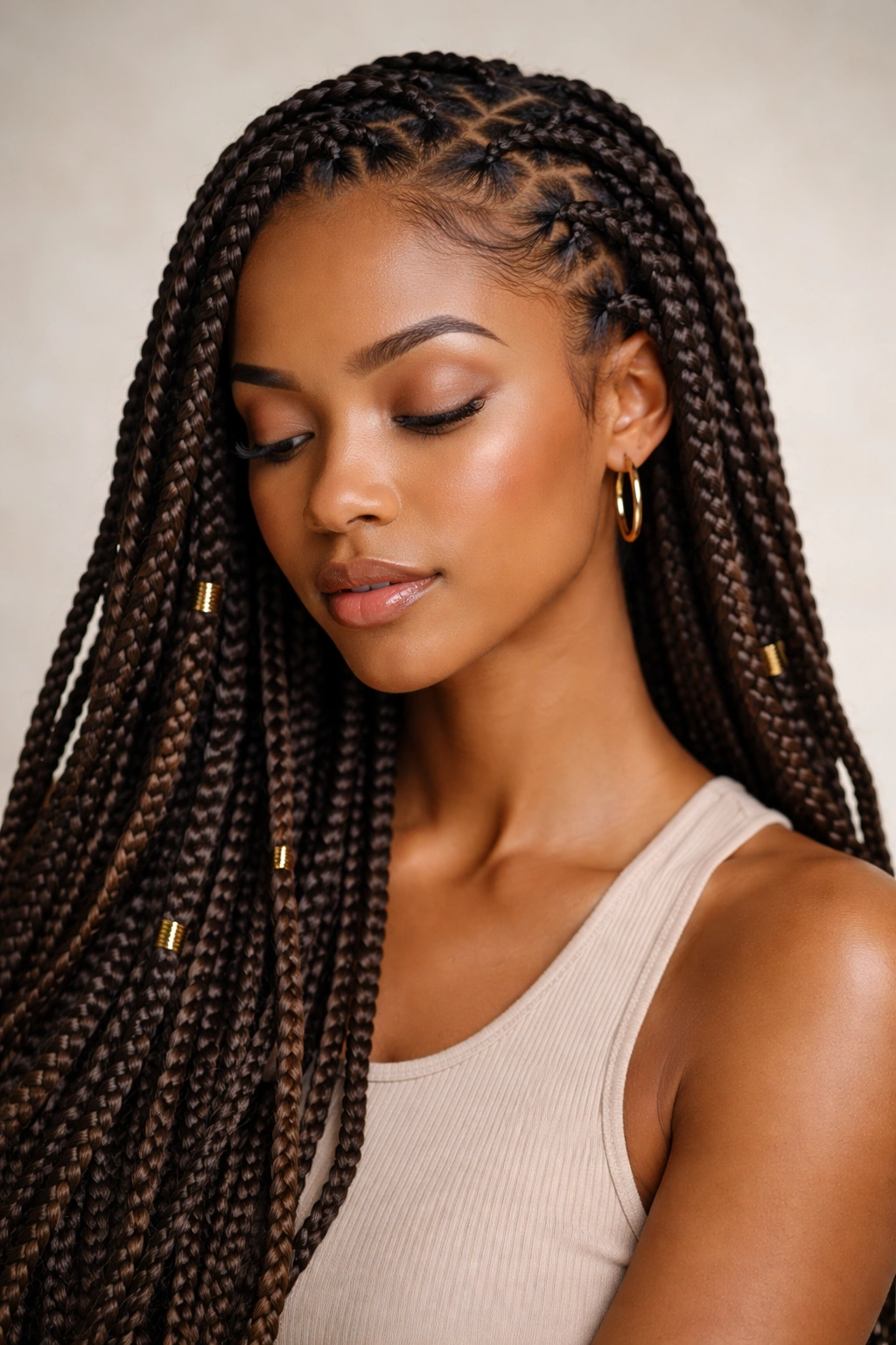 Close-up portrait of a person with protective braids, highlighting hair texture and intricate braiding