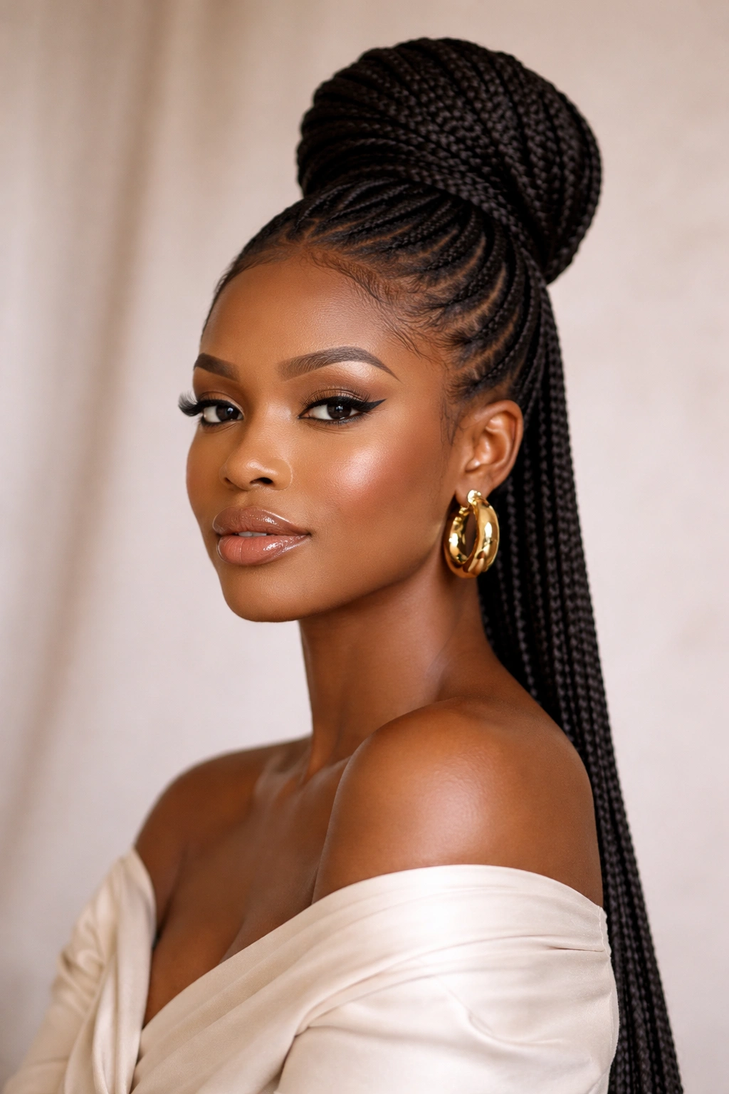 Portrait of a model with a sleek protective hairstyle and calm expression