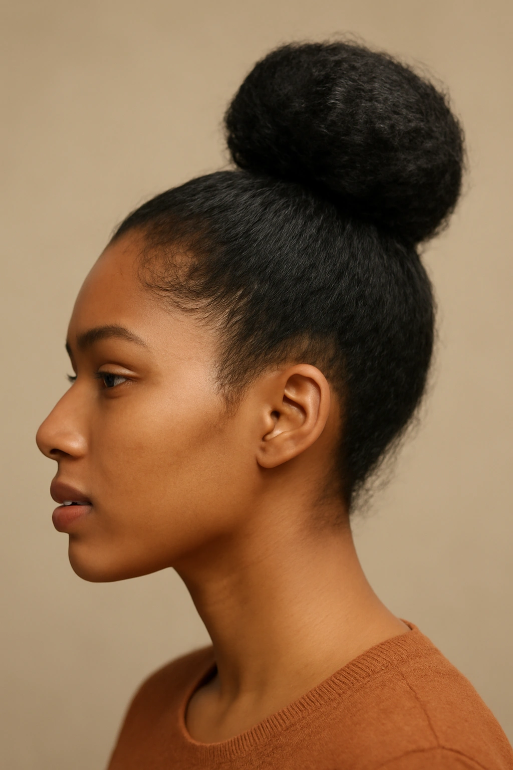 20 Hairstyles for Black Women Sorted by Hair Texture 20 Close-up of a high bun at the crown with ends tucked away