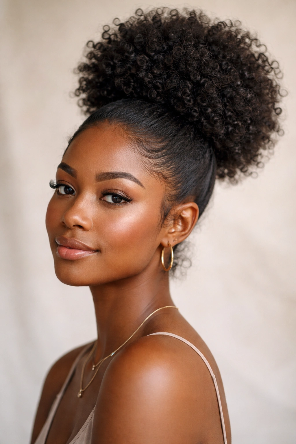 25 Natural Hairstyles Black Women Are Rocking Now 7 Close-up of protective puff hairstyle with hair gathered into a high crown