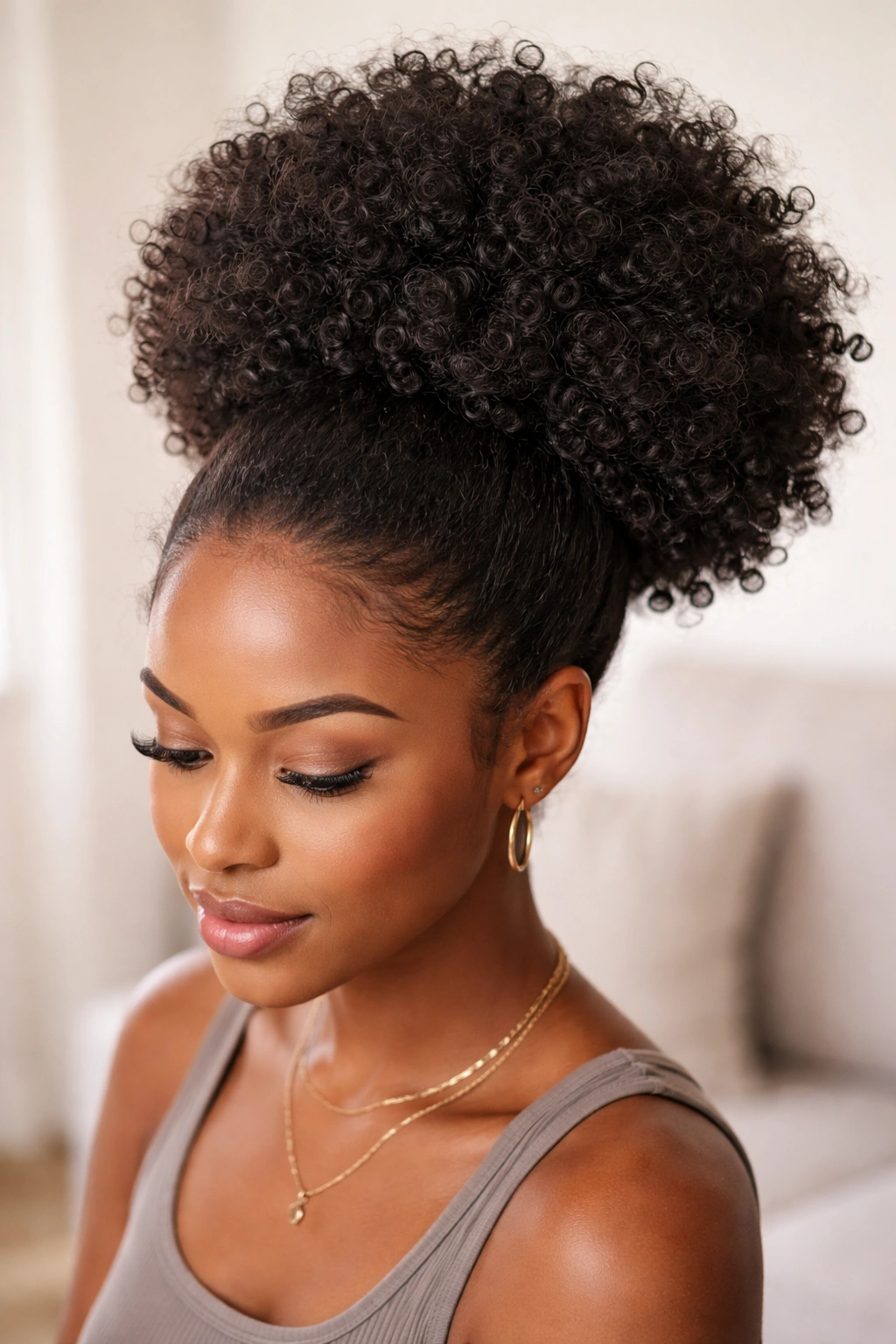 Side view of a high protective puff with curls tucked inside