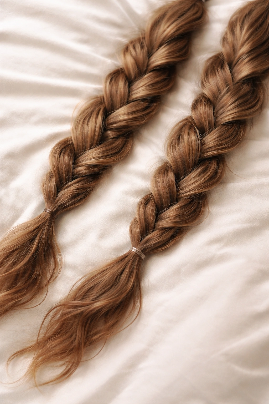 Two loose braids resting on light fabric, showing relaxed weave