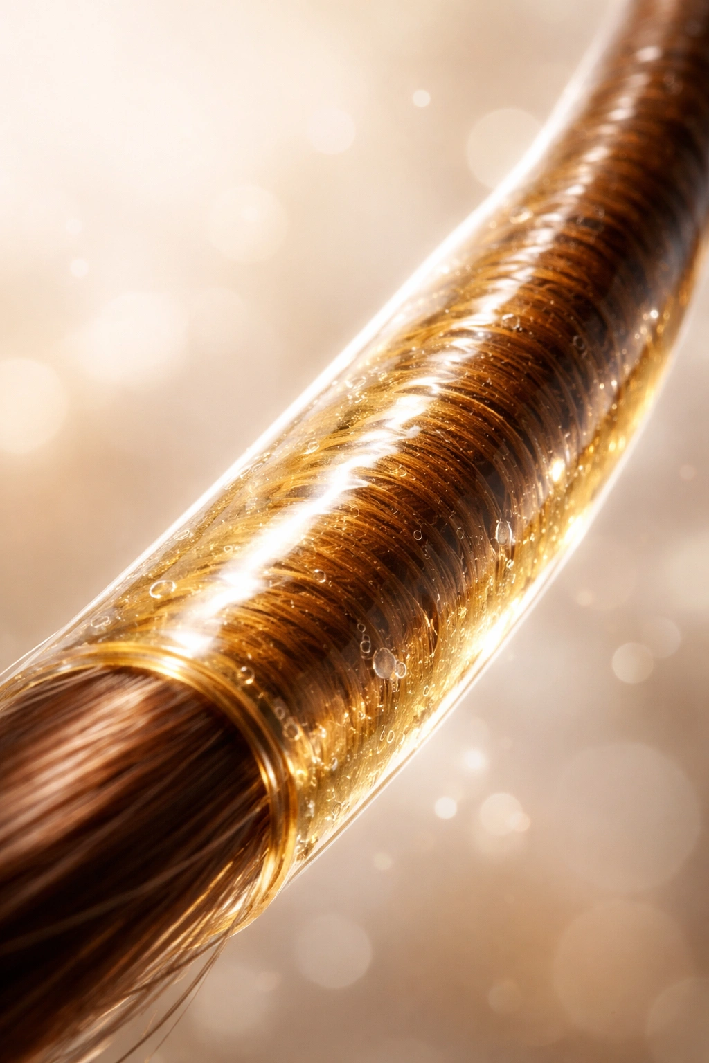 Hair strand with a glossy coating suggesting temporary protein treatment
