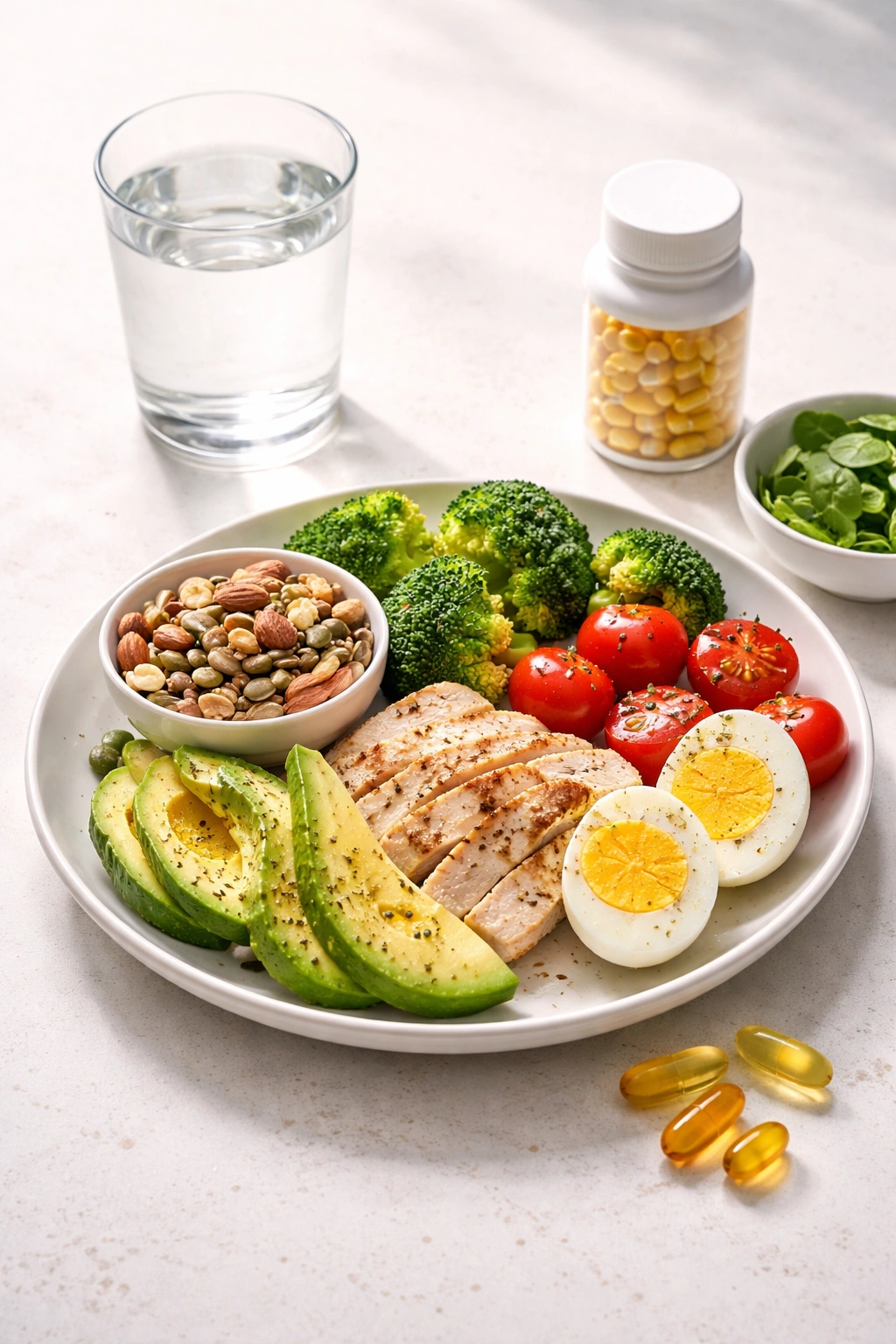 Minimal still life showing protein plate, water, and vitamins to symbolize diet and growth speed for beard hair
