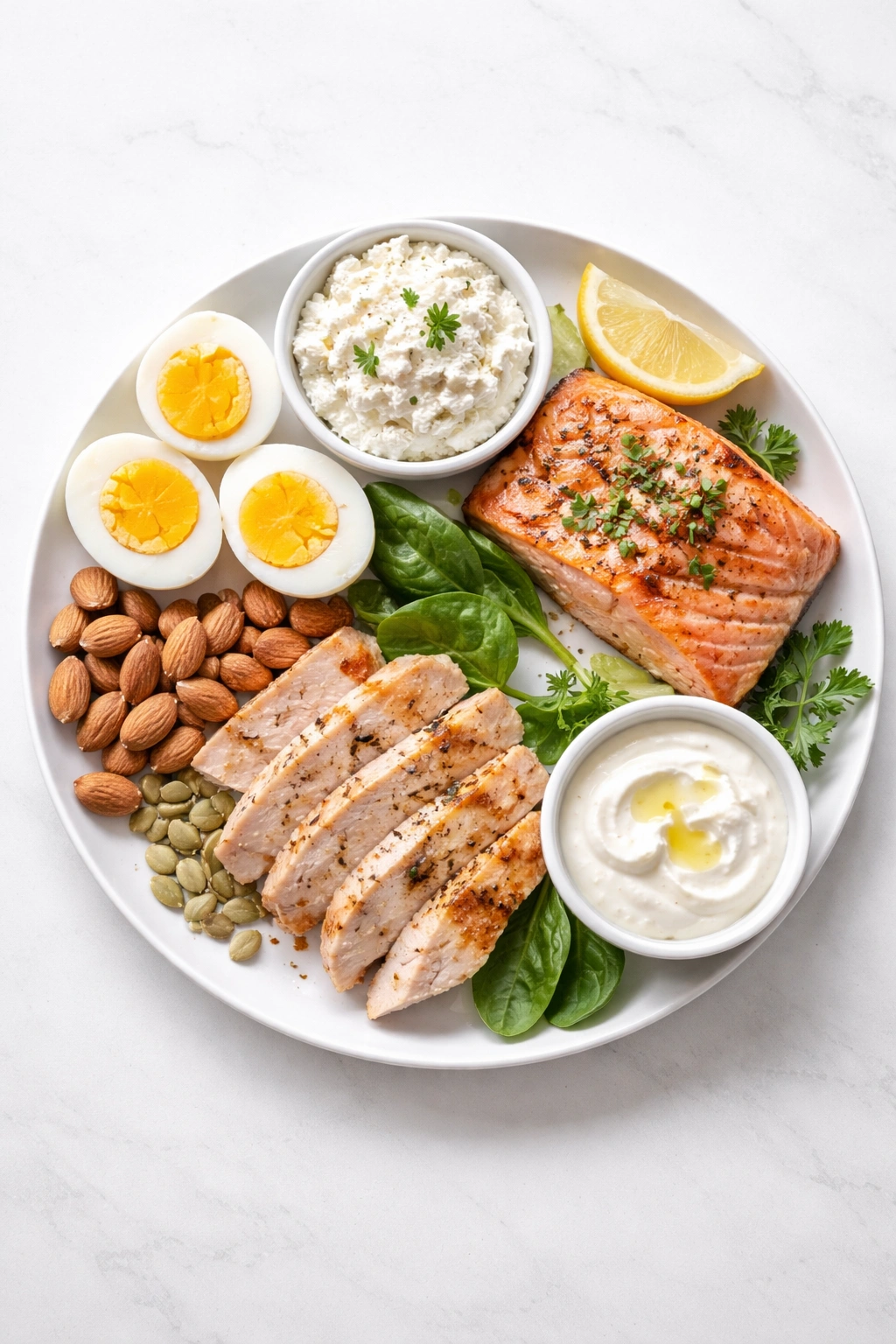 Top-down plate with eggs, salmon, and almonds representing protein-rich foods