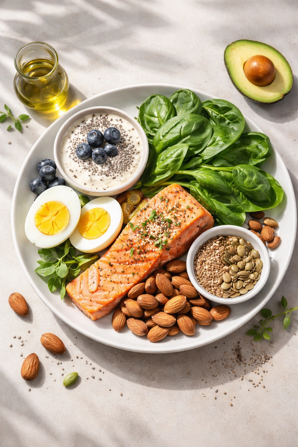 Still-life plate of protein-rich foods supporting hair health