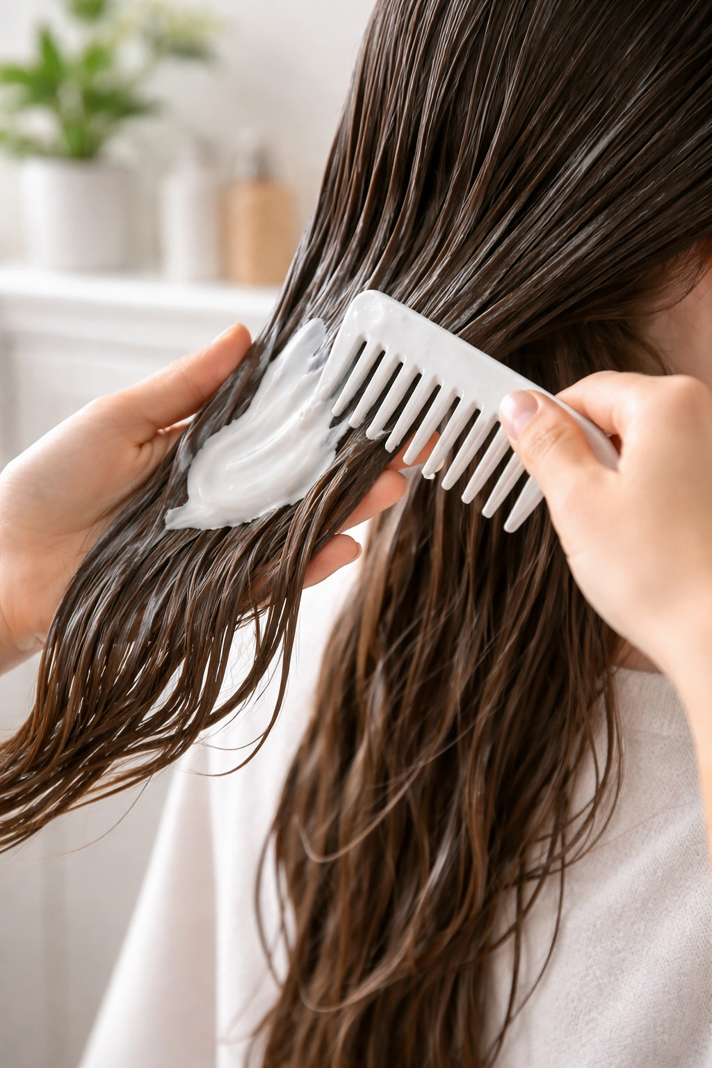 Hands applying hair mask to mid-lengths and ends with a wide-tooth comb