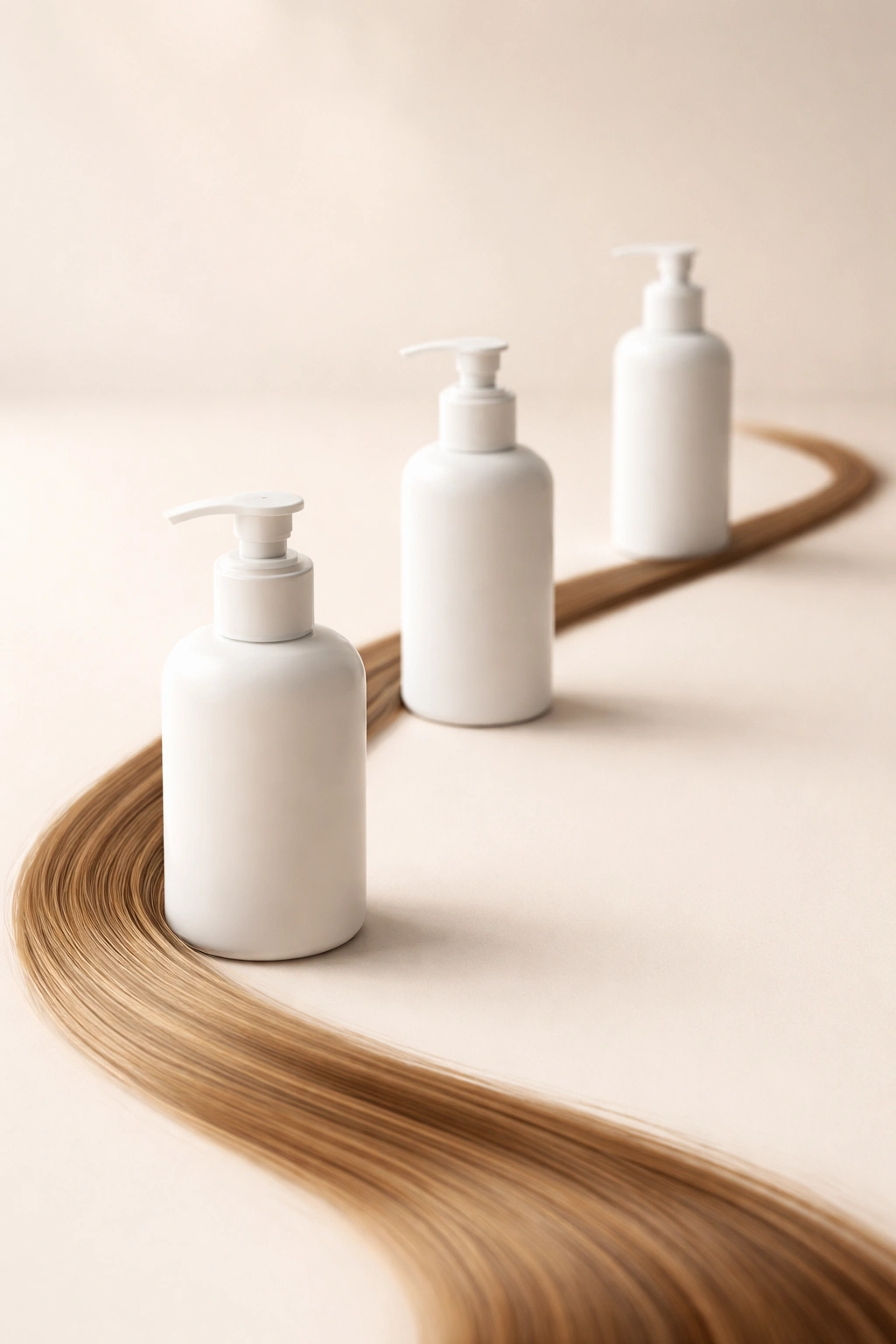 Hair strand with three protein mask bottle silhouettes suggesting varying usage intervals