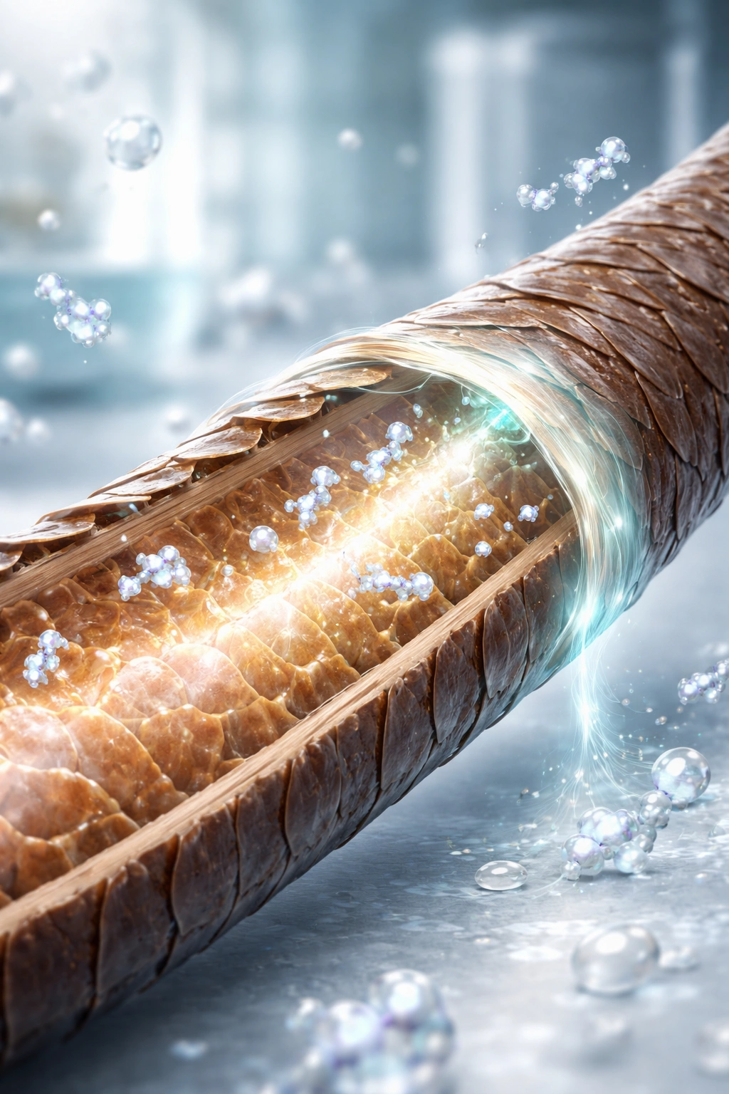Macro cross-section of a hair strand with a translucent protein coating penetrating the cuticle and cortex
