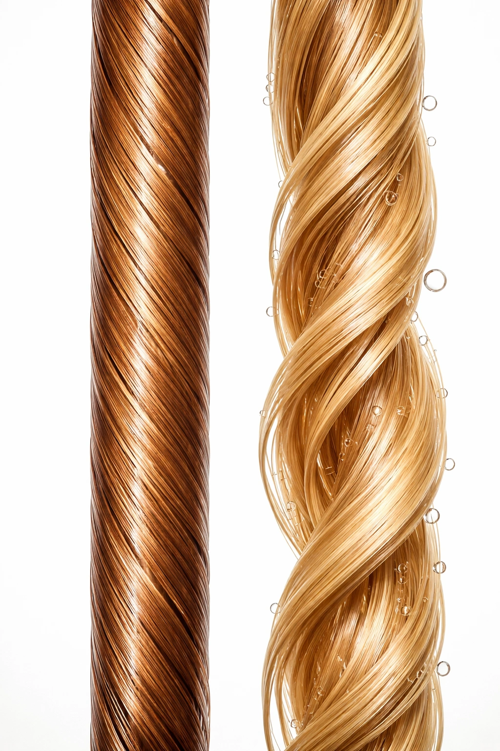 Two hair strands illustrating protein-rich and moisture-rich balance