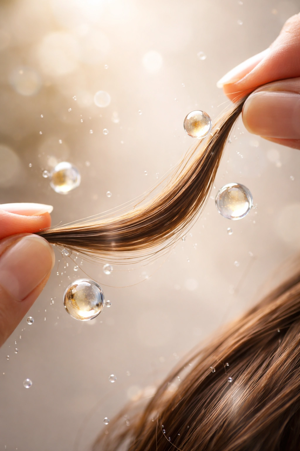 Hair strand with balanced moisture and slight bend in a studio