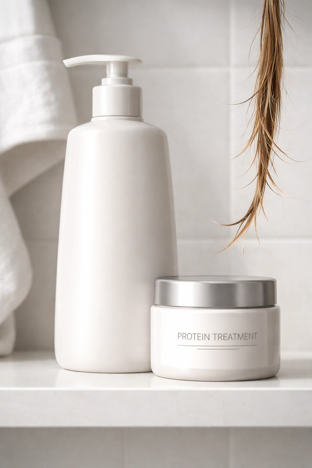 Hair strand with conditioner and protein treatment containers illustrating need for protein