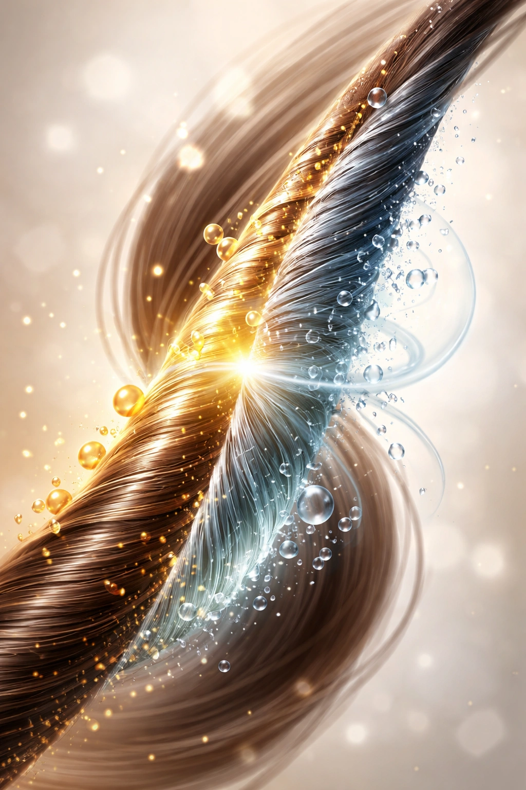 Hair strand showing balanced protein and moisture cues with glossy and matte textures