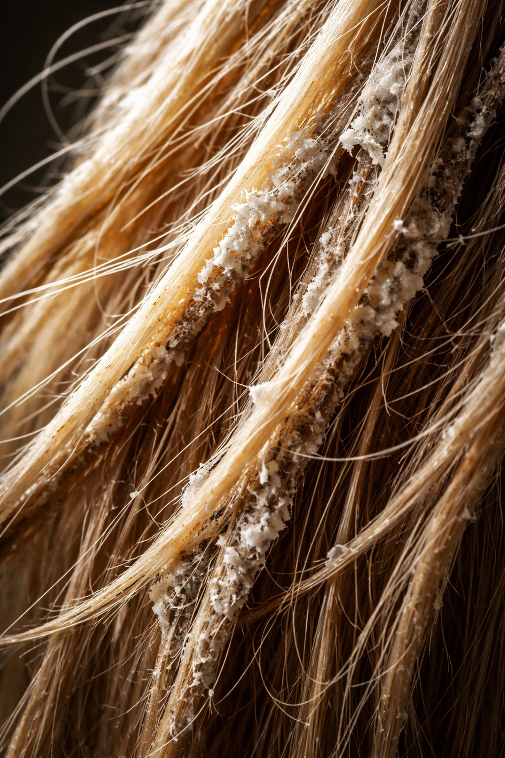 Close-up of stiff brittle hair with a protein buildup on the surface