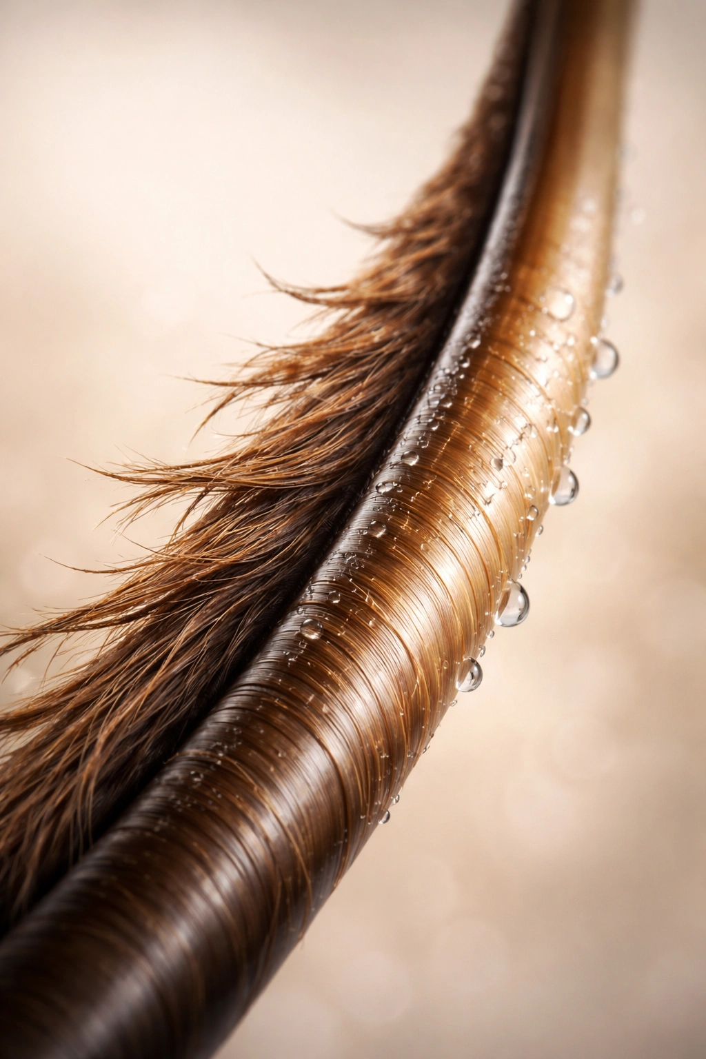 Close-up hair strand showing brittle vs moisturized sections to depict protein overload repair