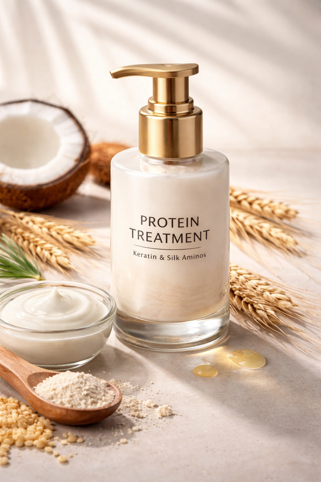 Bottle of protein treatment for hair strengthening