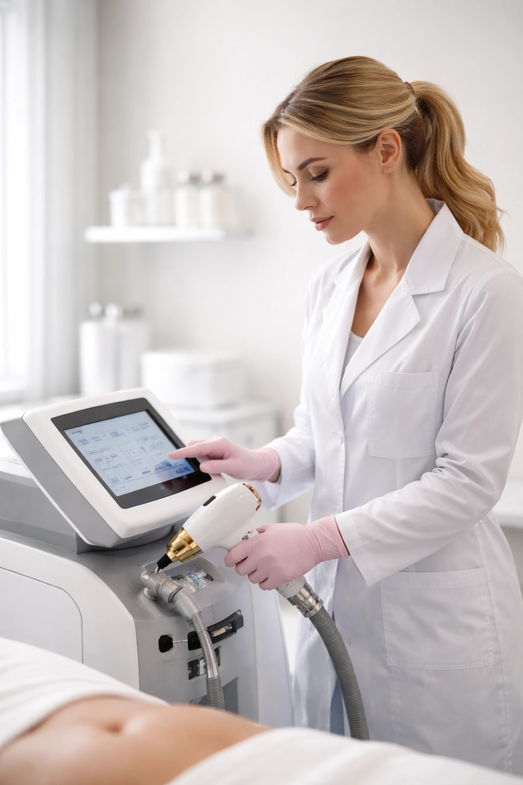 Clinical professional preparing laser hair removal treatment in a clinic