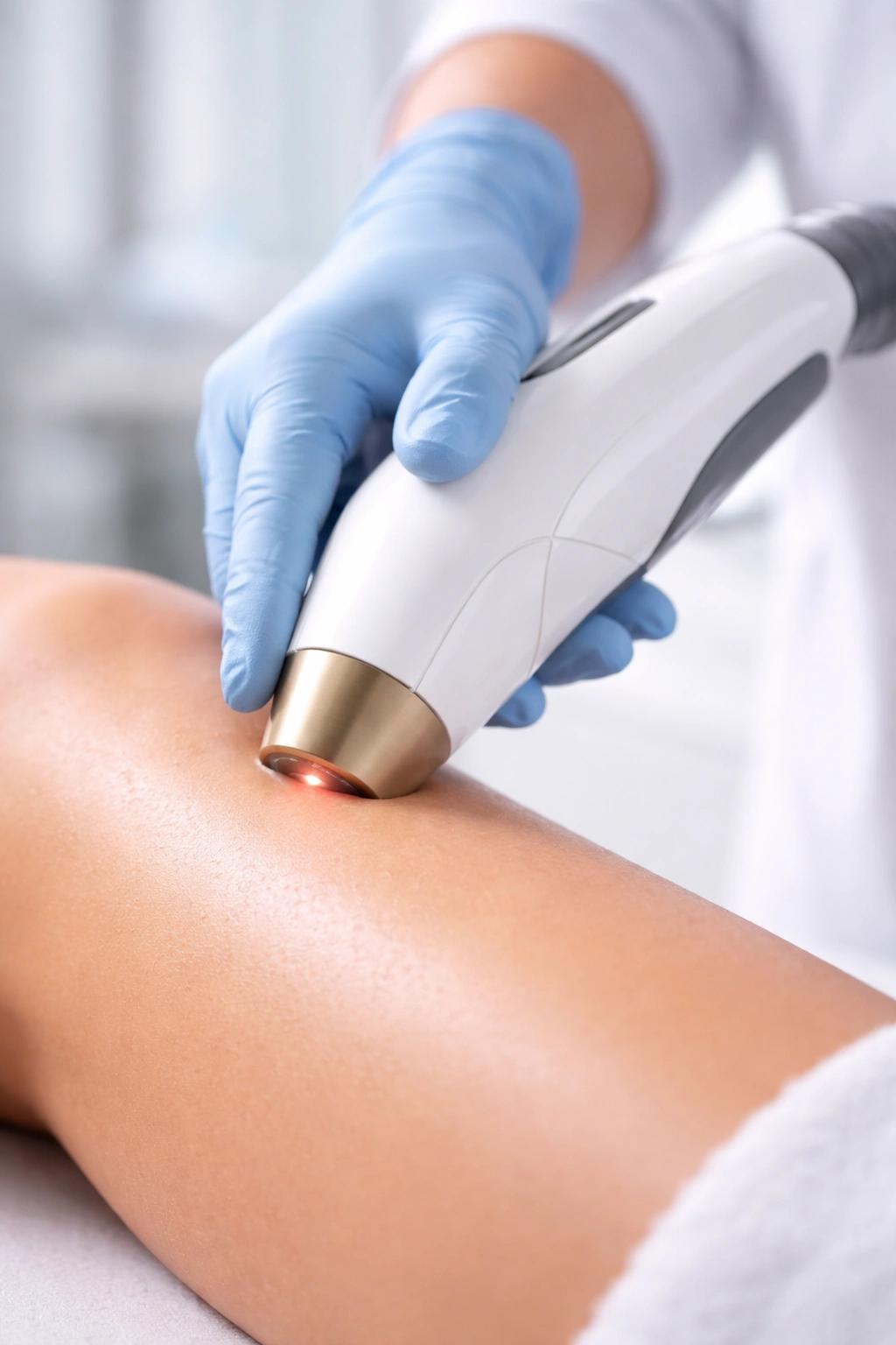 Gloved hand operating a laser device against skin in clinic