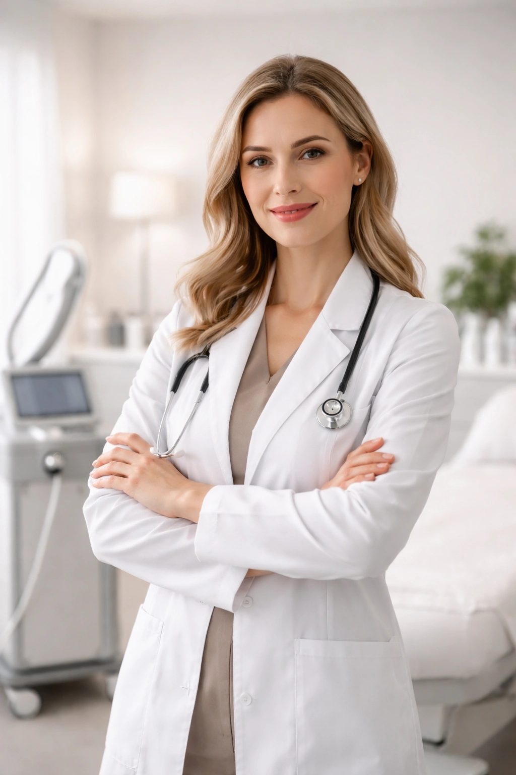 Clinical portrait of a qualified laser provider in a clean treatment room