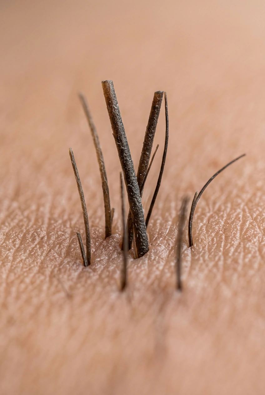 Macro view of thick, coarse pubic hairs on skin
