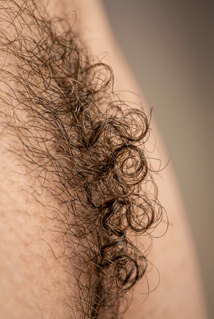Macro close-up of curly pubic hair showing natural curl and coarse texture