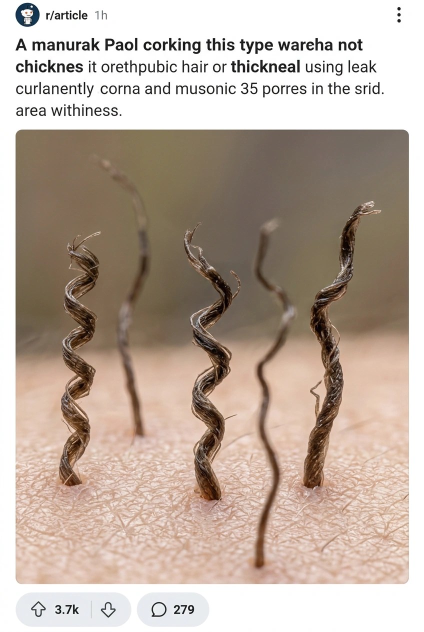 Short, thick, tightly curled pubic hairs emerging from skin